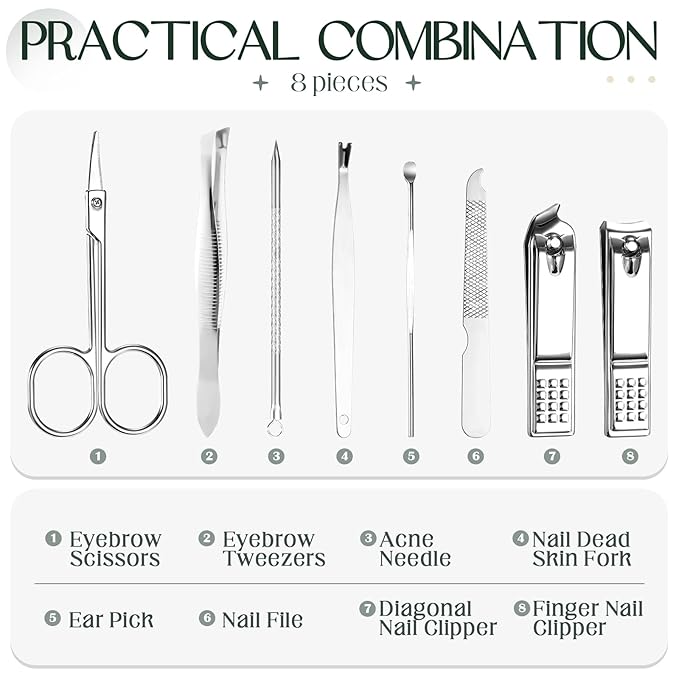 Geosar 12 Sets Manicure Set Nail Clippers Pedicure Kit 8 in 1 Grooming Stainless Steel Kits Nail Care Tools with Travel Case for Employee Coworker Teachers Nurse Gifts(Green)