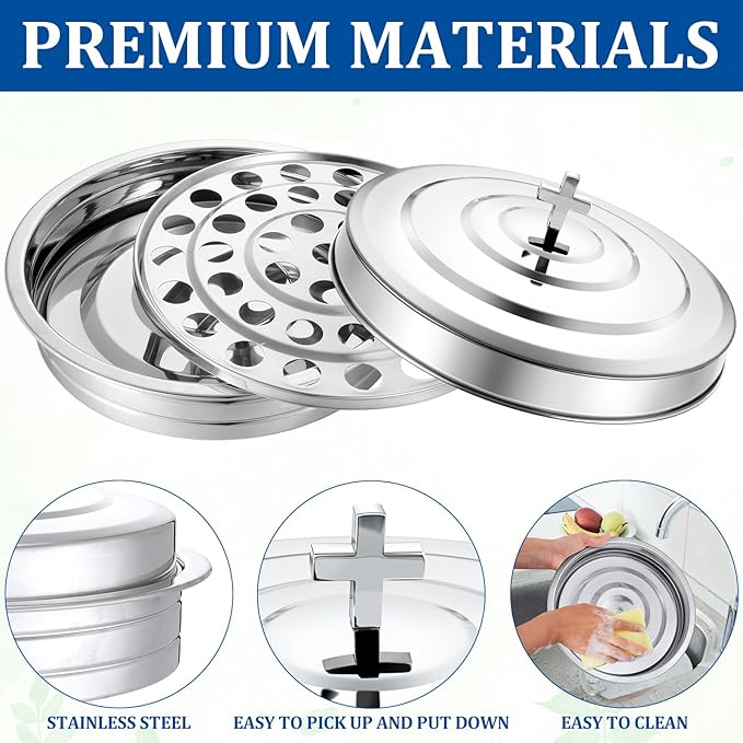 Jingmore Communion Ware 3 Holy Wine Serving Trays with 1 Cover Stainless Steel Communion Supplies Silver Trays for Churches Holy Ware Sets(Silver)