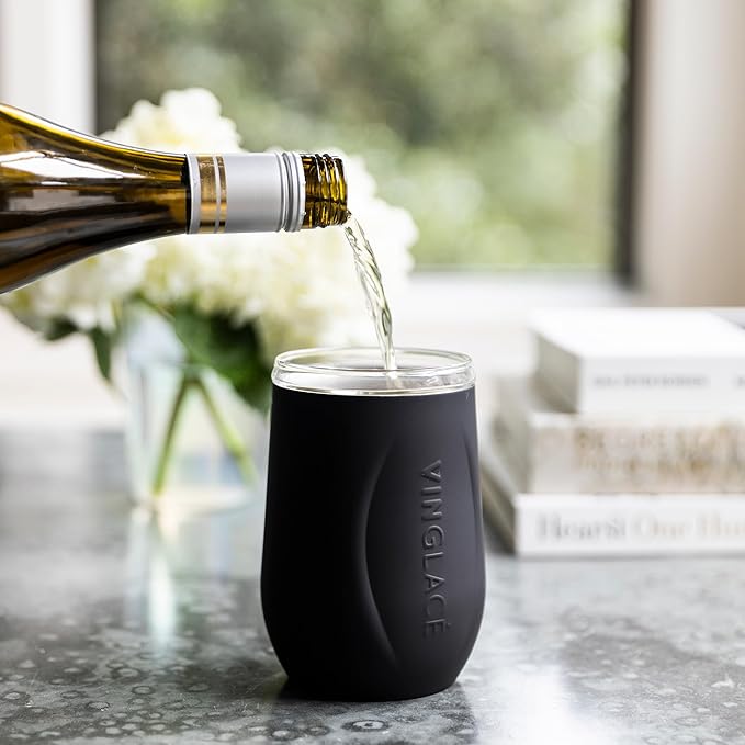Vinglacé Wine Bottle Chiller Gift Set- Portable Stainless Steel Wine Cooler with 2 Stemless Wine Glasses, Black