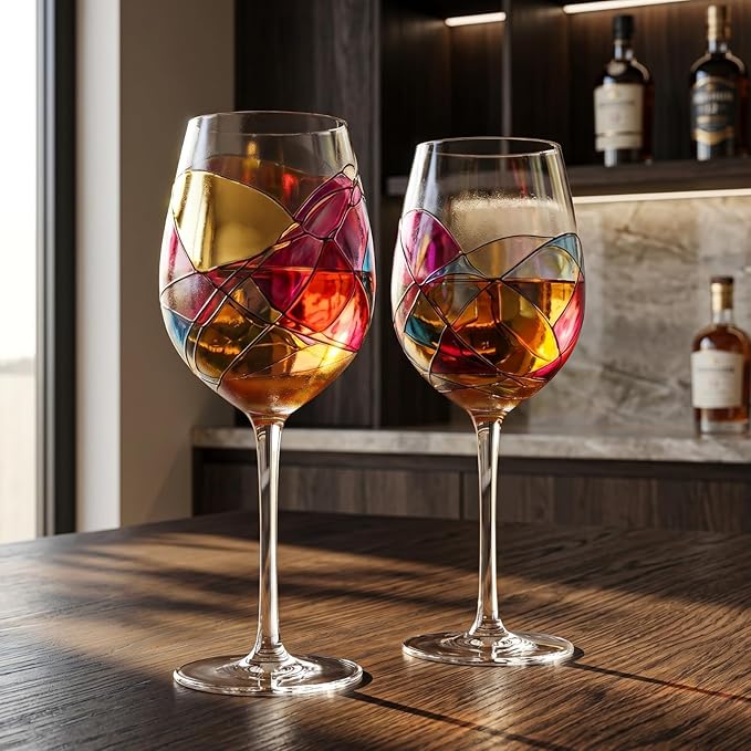 Artisanal Hand Painted Stemmed Wine Glasses - Everyday Celebrations, Gifts Idea for Wife, Mom, Valentine, Holiday Renaissance Romantic Stain-glassed Windows, 2 Set - Gift Idea Birthday, Housewarming