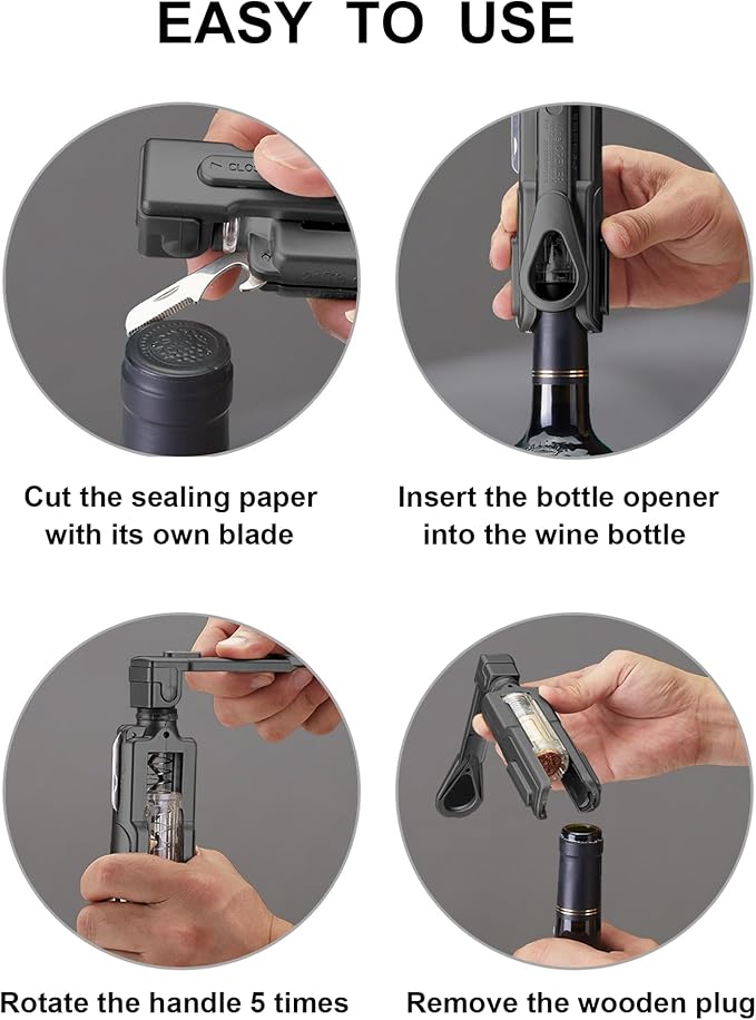 Wine Bottle Opener, Easy to Use Corkscrew Wine Opener with Foil Cutter, 6 inches - Small Travel Corkscrew for Wine Lovers, Kitchen Essentials, Black