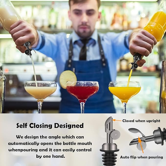 WAFJAMF 2 Pcs Weighted Stainless Steel Bottle Pourers, Self Closing Olive Oil Dispenser Spout, Auto Flip Feature Liquor Pour Spouts for Pours Liquid, Olive Oil, Wine, Vinegar (Black)……