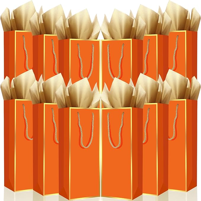 TaoBary 50 Pack Wine Gift Bags and Gold Wrapping Paper Set Wine Bags for Bottle Bulk 4 x 5 x 13 Inch Champagne Gift Paper Sack with Handles for Christmas Appreciation Wedding Anniversary (Orange)