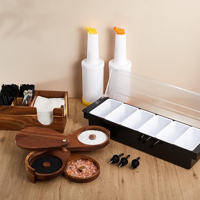 Mifoci Bartending Supplies 6 Compartments Garnish Tray with Lid Bar Caddy 3 Tier Glass Rimmer Stainless Steel Bottle Pourers Juice Pouring Cocktail Tools Wood Serving Accessories