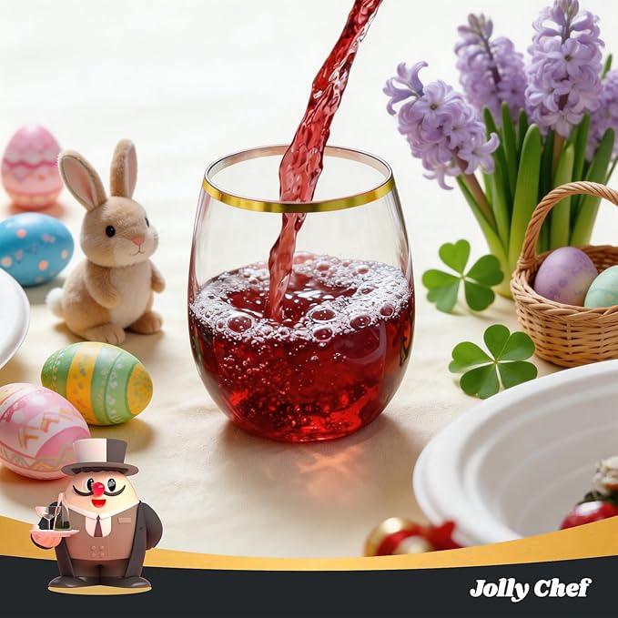 JOLLY CHEF 12 oz 40 Pack Gold Plastic Wine Glasses Stemless, Shatterproof, Unbreakable, Crystal, Disposable Plastic Wine Cups for Party, Halloween, Christmas, Thanksgiving