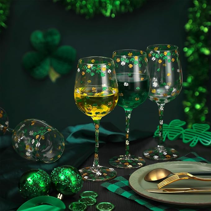 SiliFine 4pcs Green Wine Glasses, 14-17 oz St. Patrick's Day Drinking Cup, Hand Painted Lucky Shamrock Glasses for Party Supplies & Decorations