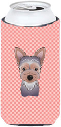 Caroline's Treasures BB1232TBC Checkerboard Pink Yorkie Puppy Tall Boy Hugger Can Cooler Sleeve Hugger Machine Washable Drink Sleeve Hugger Collapsible Insulator Beverage Insulated Holder