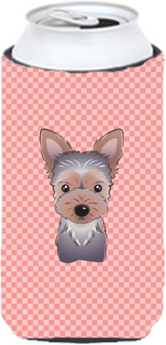 Caroline's Treasures BB1232TBC Checkerboard Pink Yorkie Puppy Tall Boy Hugger Can Cooler Sleeve Hugger Machine Washable Drink Sleeve Hugger Collapsible Insulator Beverage Insulated Holder