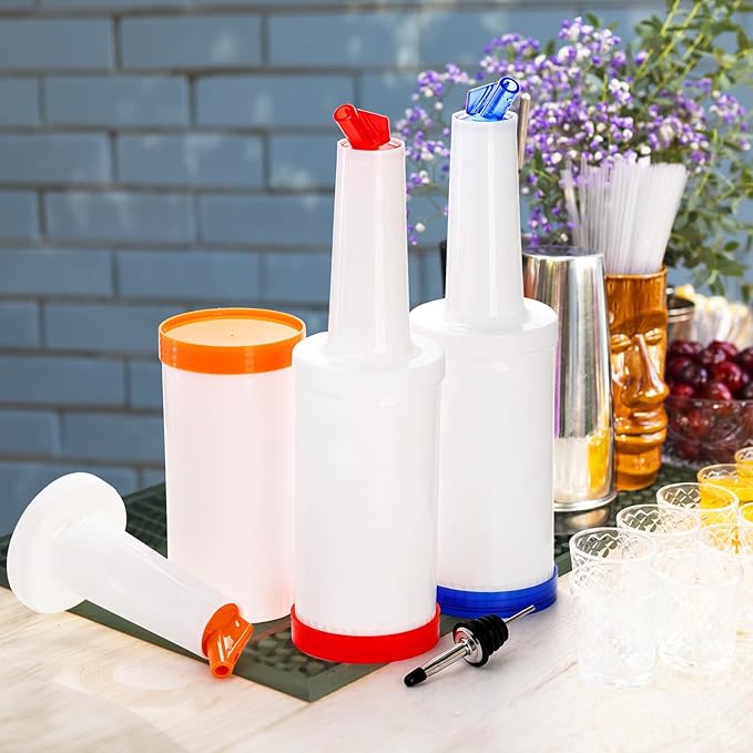 Tebery 6 Pack Plastic Juice Pour Bottles with 12 Stainless Steel Bottle Pourer, 34 OZ Plastic Juice Dispensers for Bar Home Kitchen Party Supplies