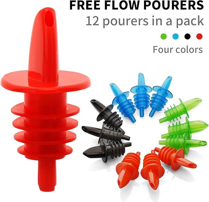 Plastic Liquor Bottle Pourers Assorted - 12 Pack Classic Bottle Pourers for Alcohol, Leak-Proof, Dishwasher-Safe Pour Spouts for Liquor Bottles (Assorted)