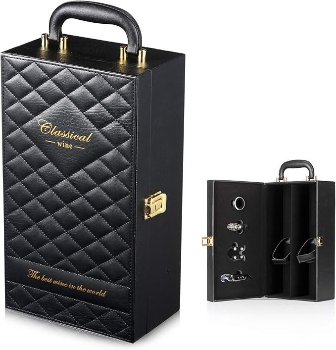 Wine Box, 2-Bottle Leatherette Top Handle Wine Carrier Case With 4 Accessories