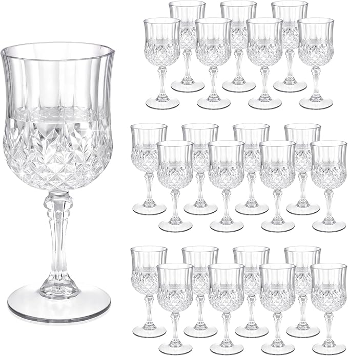 7OZ Plastic Wine Glasses, Disposable Goblets Drinking Glasses Crystal Vintage Water Cups Unbreakable Champagne for Wedding, Parties, Valentine's Day (Transparent)