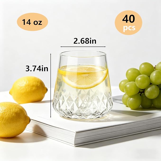 Lueumxc 40 Pack Plastic Wine Glasses, 14Oz Origami Rhombus Disposable Wine Glasses Unbreakable Clear Plastic Cocktail Glasses Recyclable Shatterproof Reusable Wine Cups