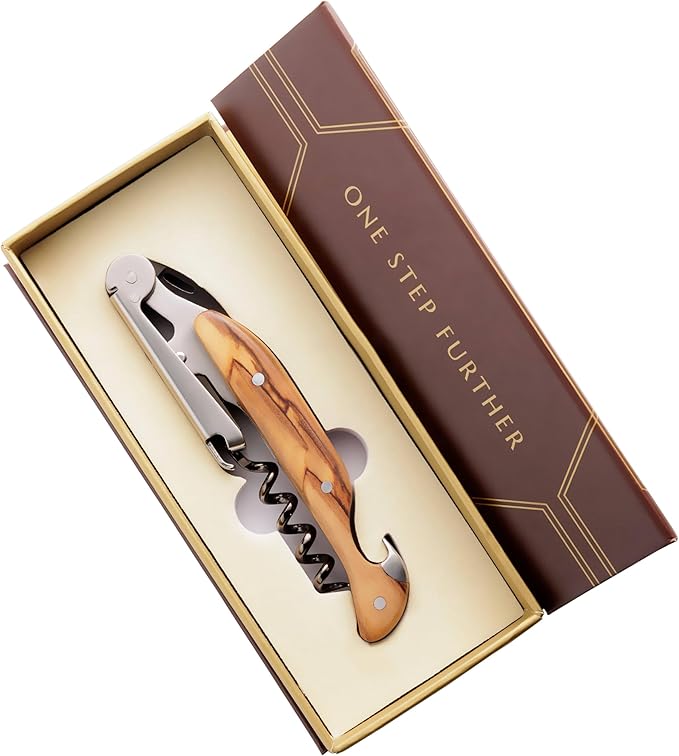 Corkscrew for Professionals FALCORK® 144 – Agility – One-Step Lever, Marked Helix and Generous Handle in Smooth Olive Natural Wood for Safe, Intensive Uncorking in Hospitality – Plastic-Free