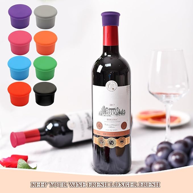 Silicone Wine Stopper, 8 Pcs Reusable Wine Bottle Stopper Caps Bottle Caps Seals to Keep Wine Fresh