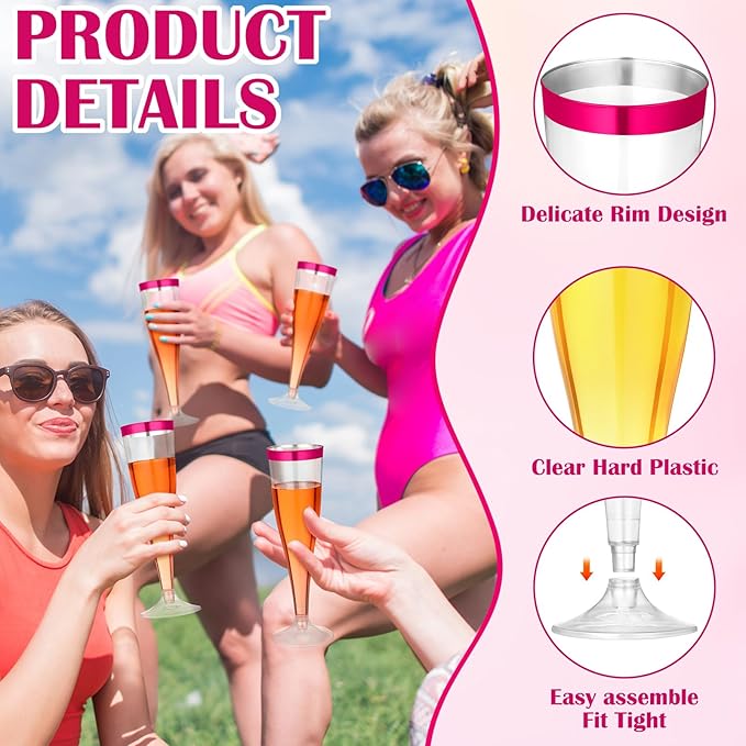 Jingmore 36 Pcs Plastic Champagne Flutes 4.5 oz Clear Disposable Wine Glasses Cocktail Cup Champagne Glass for Wedding Graduation Summer Party Favor Mimosa Bar Supplies (Hot Pink)