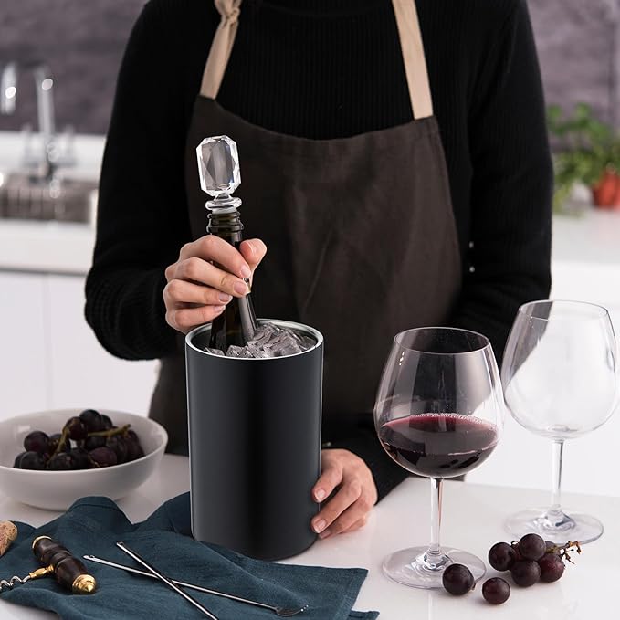 Potchen 6 Pack Wine Chiller Bucket Wine Bottles Cooler Bulk, Stainless Steel Double Wall Insulated Champagne Ice Bucket for Parties,Fits for 750 ml Bottles(Black)