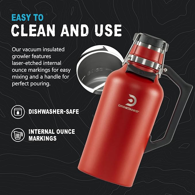 DrinkTanks Craft Growler – 64 oz Vacuum Insulated Stainless Steel Beer Growler with Handle, Leakproof Thermal Beverage Tumbler for Beer, Wine, Coffee, Soda, Kombucha – Reusable & BPA-Free – Crimson