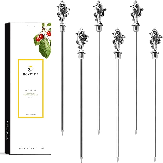 Homestia Fish Cocktail Picks, 6PCS Stainless Steel Vintage Fish Martini Picks 4.6 Inch, Reusable Metal Drink Skewers for Cocktails, Olives, Appetizers, Nautical Bar Accessories