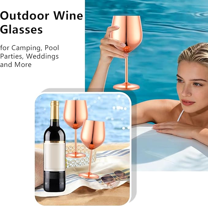 Stainless Steel Wine Glasses Set of 4 Unbreakable Wine Glass 18 oz Unique Metal Wine Goblets for Outdoor, Travel, Camping, Pool, Ideal Gift for Wine Lovers (Mirror-Rose Gold)