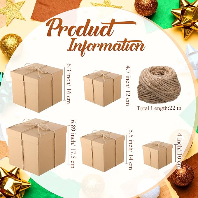 Cholemy 5 Pcs Square Nesting Boxes Decorative Gift Boxes with Lid and Ribbon Assorted Sizes Wrap for Wedding, Carnival, Anniversary, Birthday, Bridal Shower Party Gifts(Brown)