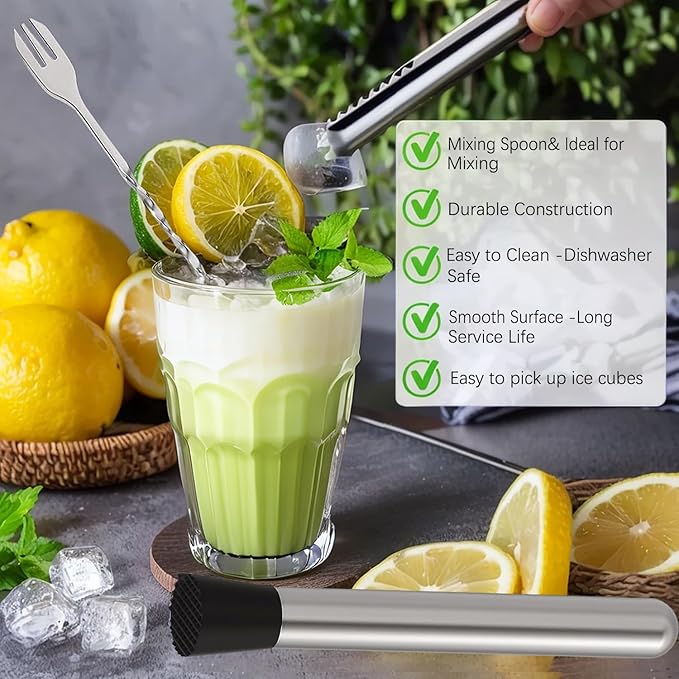 Muddler for Cocktails,10" Bar Spoon & Ice Tongs with Serrated Tip, 3PcsStainless Steel Bar Tools Set for Mojitos, Lemonade, Fruit Drinks, Home PartyBar Accessories