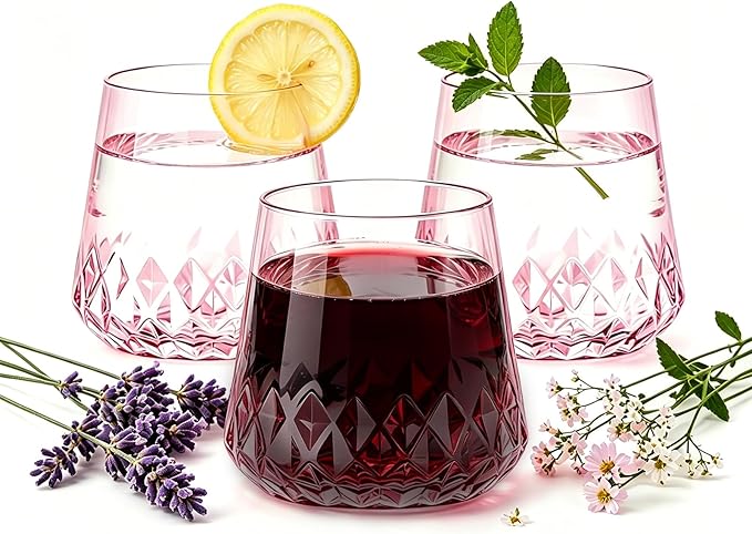Lueumxc 40 Pack Pink Plastic Wine Glasses, 14Oz Rhombus Disposable Wine Glasses Unbreakable Clear Plastic Cocktail Glasses Recyclable Shatterproof Reusable Wine Cups