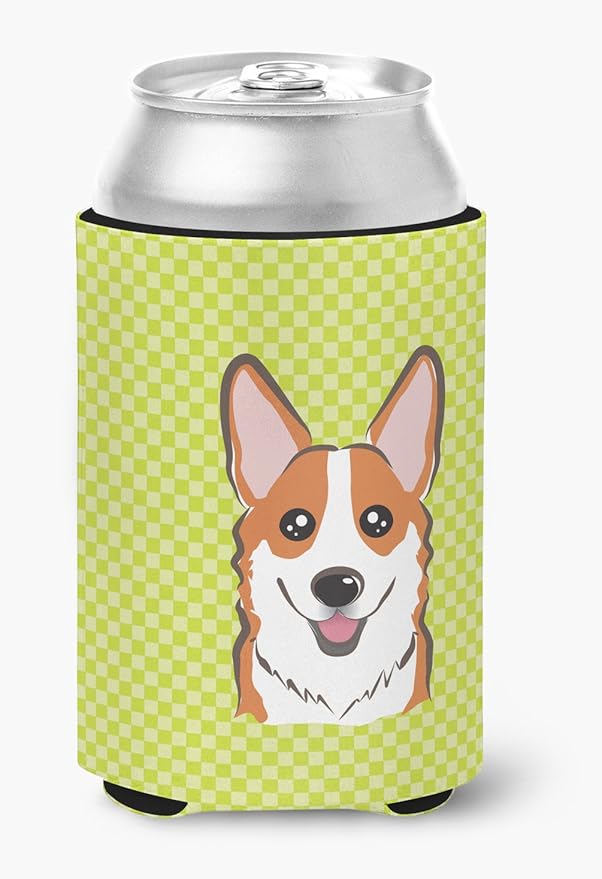 Caroline's Treasures BB1316CC Checkerboard Lime Green Corgi Can or Bottle Hugger Cooler Washable Drink Sleeve Collapsible Beverage Insulated Holder, Can Hugger, Multicolor
