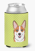 Caroline's Treasures BB1316CC Checkerboard Lime Green Corgi Can or Bottle Hugger Cooler Washable Drink Sleeve Collapsible Beverage Insulated Holder, Can Hugger, Multicolor