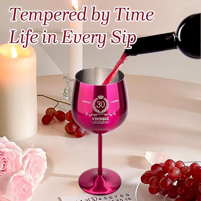 30th Birthday Gifts Wine Glass for Her Women, Stainless Steel Metal Unbreakable Decoration Glasses Rose Red Cup 17oz with Vintage Print-Unique 30 Year Old Present for Mom Wife Sister Friend