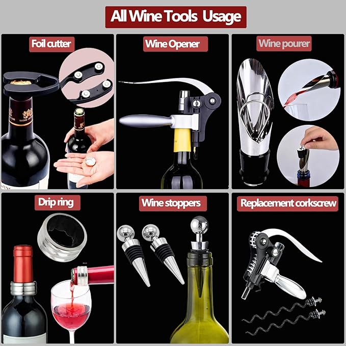 Wine Bottle Opener Corkscrew Gift Set, 8 Pieces Manual Corkscrews Wine Opener with Classic Wooden Box, Stainless Steel Wine Opener kit Wedding Birthday Gifts for Wine Lovers