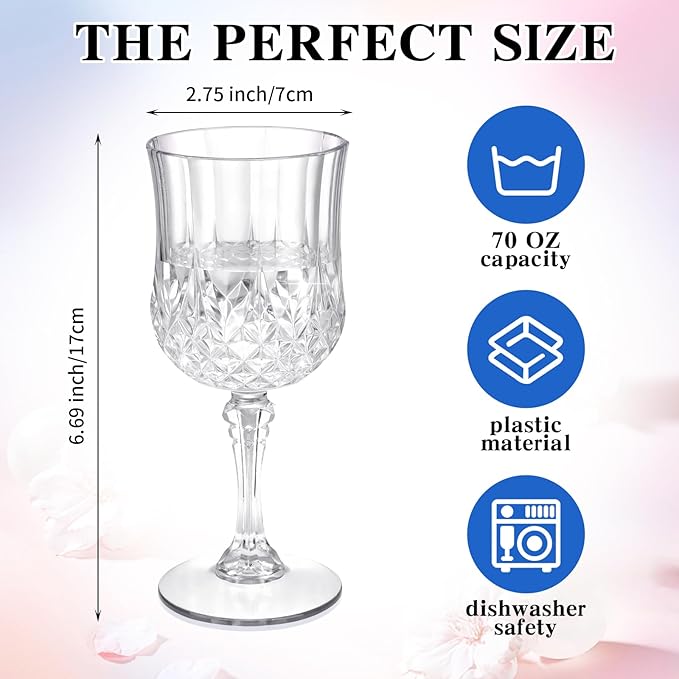 7OZ Plastic Wine Glasses, Disposable Goblets Drinking Glasses Crystal Vintage Water Cups Unbreakable Champagne for Wedding, Parties, Valentine's Day (Transparent)