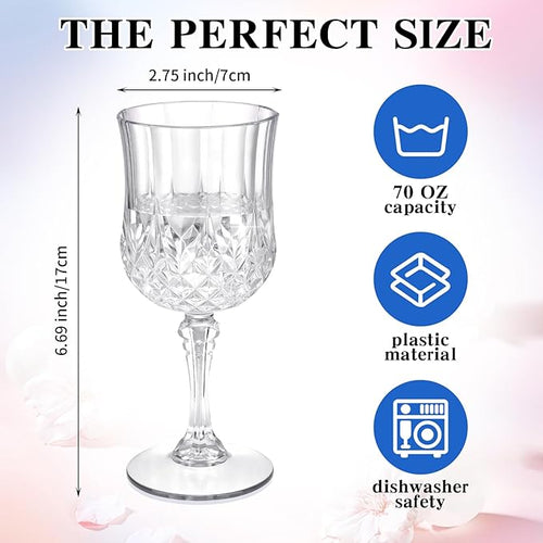 7OZ Plastic Wine Glasses, Disposable Goblets Drinking Glasses Crystal Vintage Water Cups Unbreakable Champagne for Wedding, Parties, Valentine's Day (Transparent)