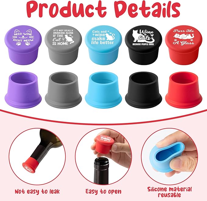 10Pcs Wine Stoppers Gift Set Funny Cats Silicone Bottle Covers Reusable Beverage Corks Strong Sealing Keep Wine Fresh Lady Man Liquor Accessories for Outdoor Picnics Weddings Barbecues Parties