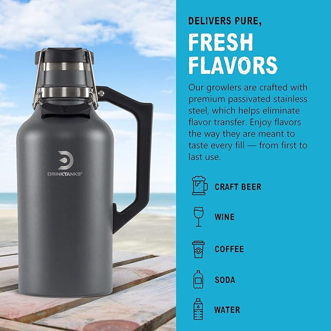 DrinkTanks Craft Growler – 64 oz Vacuum Insulated Stainless Steel Beer Growler with Handle, Leakproof Thermal Beverage Tumbler for Beer, Wine, Coffee, Soda, Kombucha – Reusable & BPA-Free – Slate