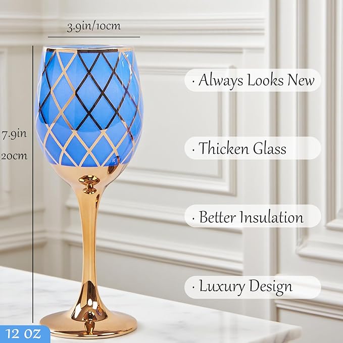 Blue and Gold Gold Wine Glasses Set of 6, Colored Long Stemmed and Rimmed Decorative Fancy Crystal Glassware, Cobalt Goblets for Gifts, Wedding, Festival, Birthday, Thanksgiving, 12oz