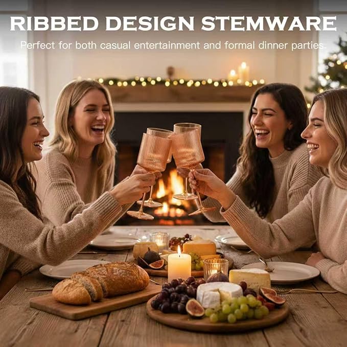 Pale Peach Colored Square Wine Glasses Set of 6, Ribbed Design Peach Crystal Glassware with Long Stem, 11.5oz Hand Blown Red & White Wine Stemware For Home Dinner Party Wedding Housewarming Gift
