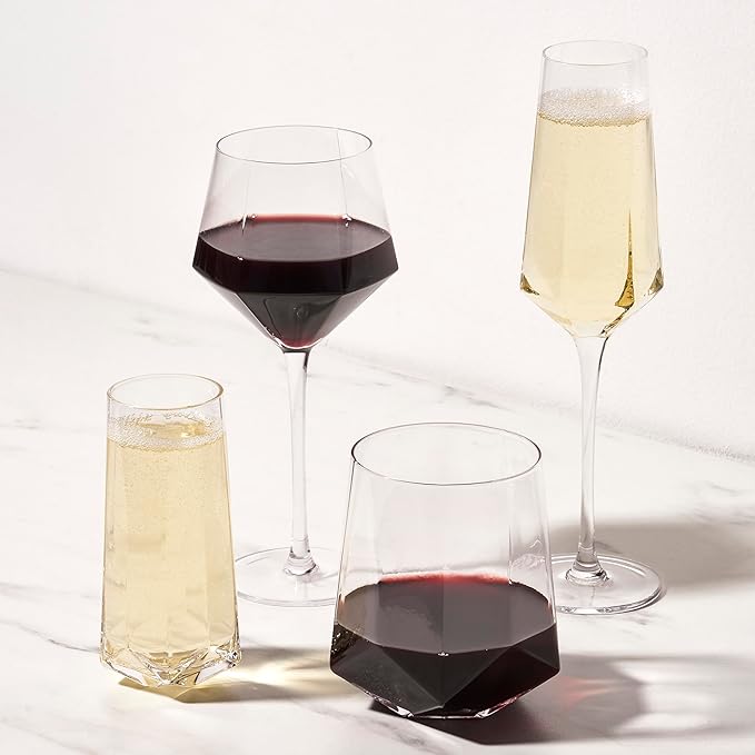 Viski Seneca Faceted Stemless Champagne Flutes, Crystal Clear Sparkling Wine Glasses for Prosecco, Sparkling Cocktails, Mimosas, Elegant Glassware for Wedding Gifts, Home Bar, 9 oz, Set of 2