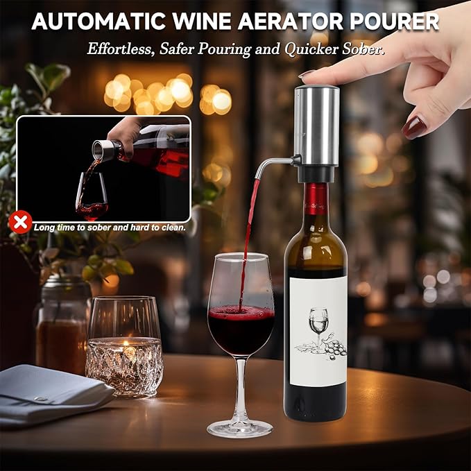 Moocoo Electric Wine Opener Gift Set, Automatic Electric Wine Bottle Corkscrew Opener Rechargeable with Foil Cutter, Automatic Aerator, 2 Vacuum Stoppers for Home Bar Outdoor Parties, Stainless Steel