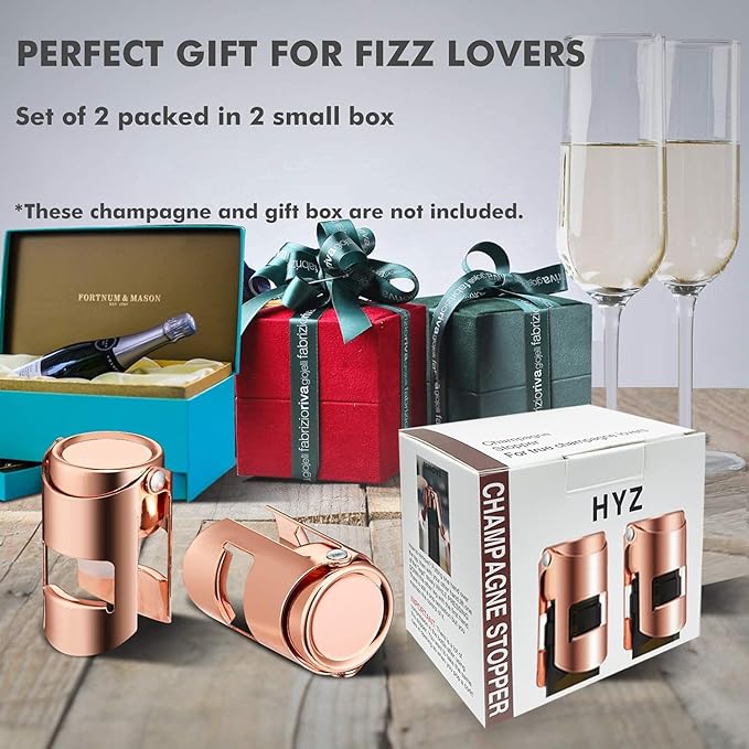 HYZ Champagne Stoppers - Stainless Steel Sparkling Wine Bottle Stopper with Pure Silicone Air Tight Seal - Professional Wine Saver for Champagne，Prosecco and Cava (2Pack Rose Gold)