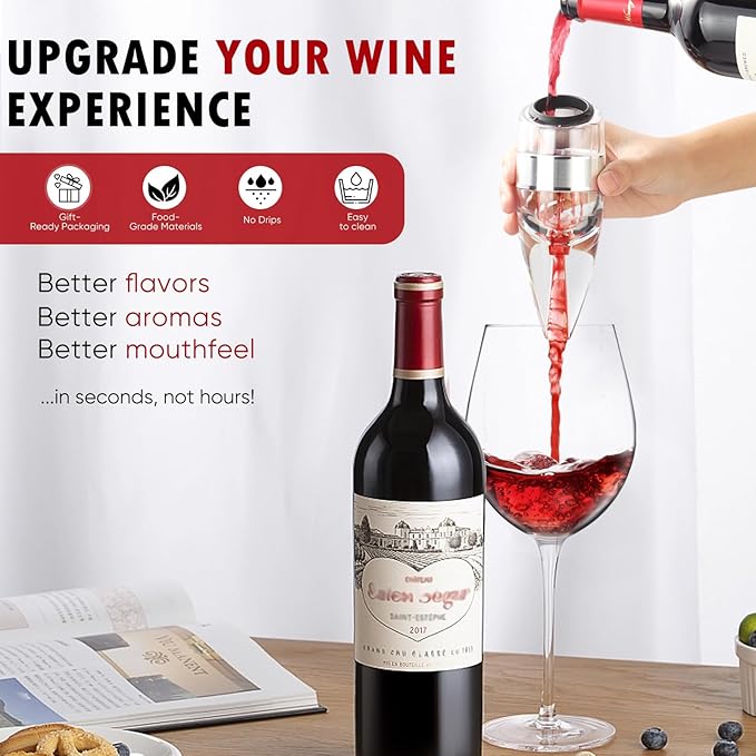 D&Slifei Wine Aerator Pourer and Decanter with Unique Aeration Device Quickly Enhances Wine Flavors with Smoother Finish,Best Gifts for Wine Lovers and Sommeliers.(Silvery)