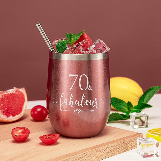 Crisky Rose Gold 70 & Fabulous Wine Tumbler for Women 70th Birthday Gifts for Women, Wife, Mom, Sister, Aunt, Friends, Coworker Her, Vacuum Insulated Coffee Cup,12oz with Box, Lid, Straw