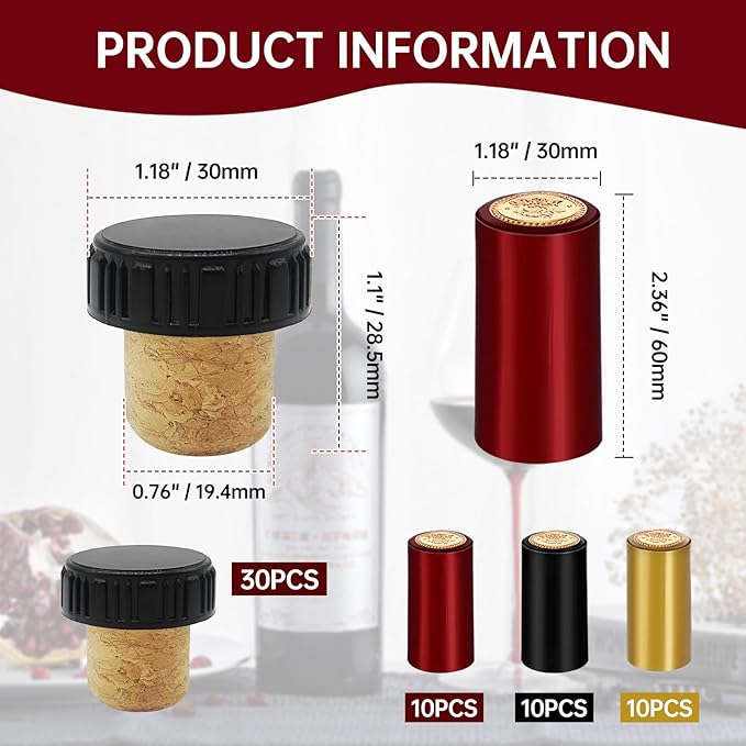 60Pcs Wine Bottle Sealer for Cruise - 30Pcs Heat Shrink Wine Sealer Capsules & 30Pcs Wines Corks Stoppers Cap, PVC Wines Bottle Resealer Kit for Recorking(3 Color)