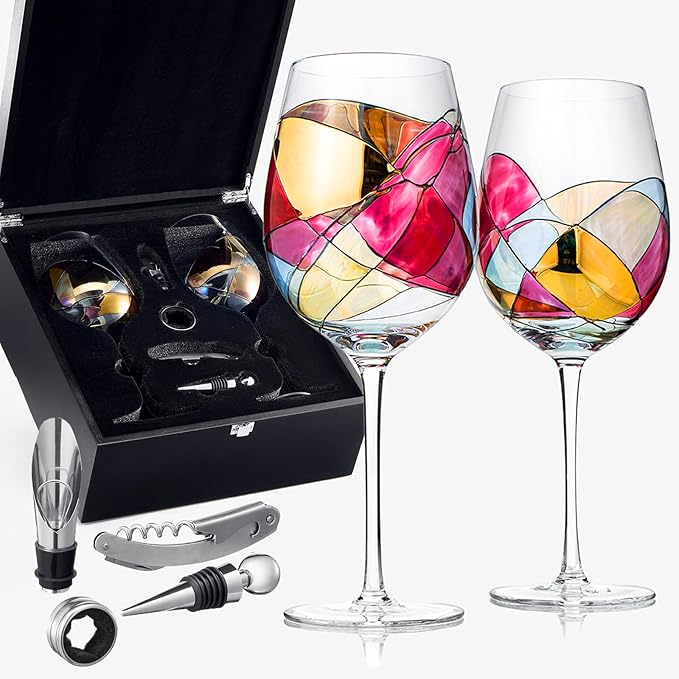 Artisanal Hand-Painted Stemmed Wine Glasses Set with Gift Box – Mother’s Day, Wife, Mom, Friends, or Girlfriend – Romantic Renaissance Stained Glass Windows – Birthday or Housewarming Gift Idea