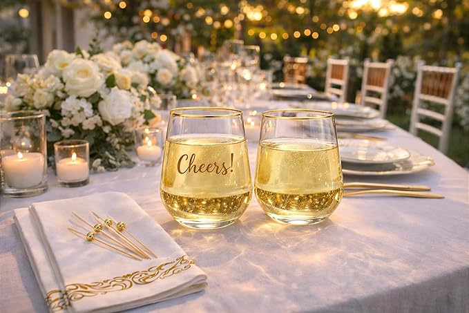 Plastic Wine Glasses Stemless Disposable 12 oz with Gold Rim - 30 Guests Party Drinkware Set, 30 Plastic Cups, 30 Napkins & 50 Cocktail Picks - BPA-Free, Shatterproof, Reusable, Recyclable