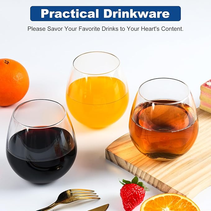 Stemless Wine Glasses Set of 6 – 15oz Elegant Modern Red & White Wine Glasses for Everyday Use, Dishwasher Safe, Shatter-Resistant Crystal-Ergonomic Design, Drinking Glasses Gifts