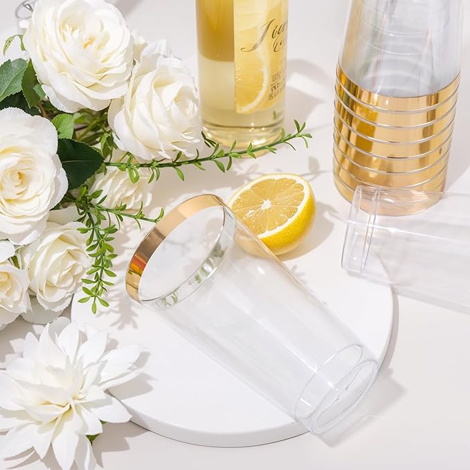 DaYammi 100 Pack Gold Plastic Cups 16 Oz Elegant Clear Plastic Cups Gold Rimmed Disposable Wine Glasses Fancy Disposable Party Cup Wedding Cup Drinking Tumblers Cocktail Glasses with Gold Rim