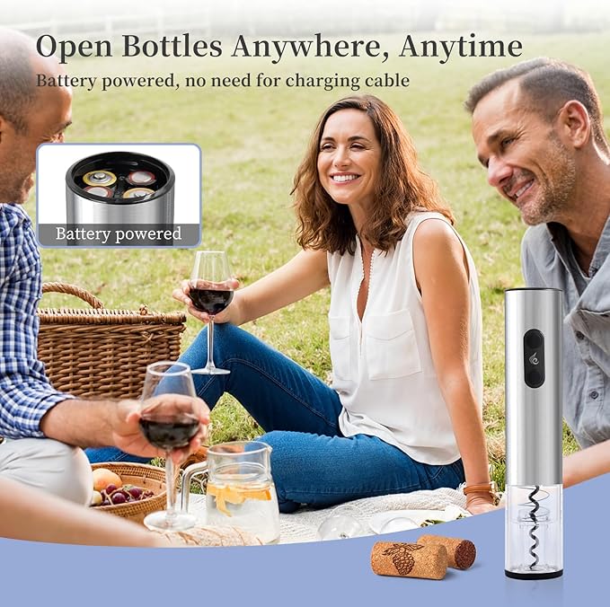 Battery Operated Wine Opener Set by ELMWAY, Stainless Steel Electric Corkscrew with Storage Base, Foil Cutter, Wine Aerator Pourer, Vacuum Stopper, LED Indicator (4 x AA Not Included)