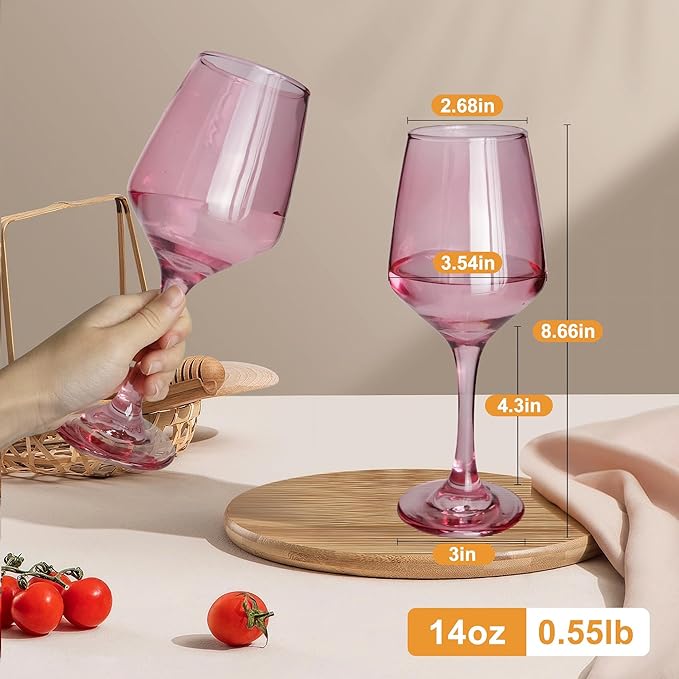 Multi Colored Wine Glasses Set of 6, 14oz Stemmed Glasses, Thick & Colorful, Dishwasher Safe Stemware for Red or White, Gift for Party, Holiday, Anniversary, Restaurant, Home Bar