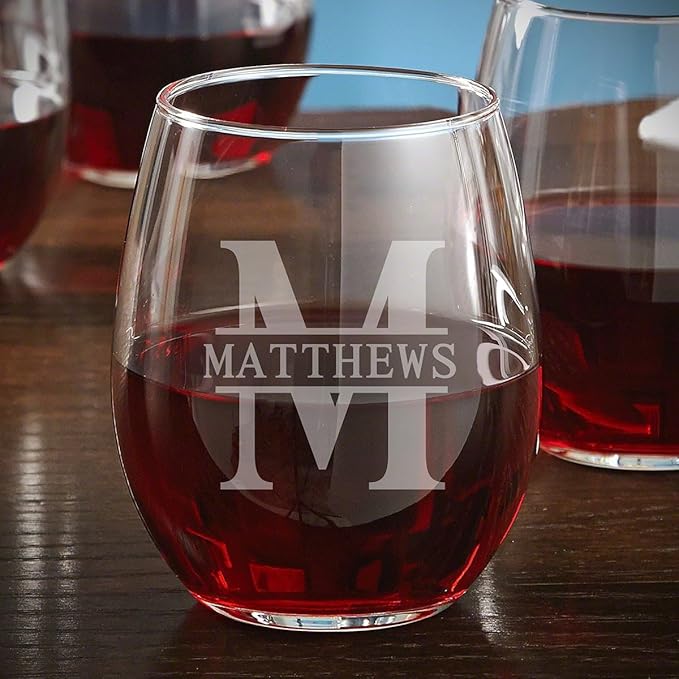 HomeWetBar Engraved Wine Glasses Set of 4 - Personalized Stemless Wine Glasses